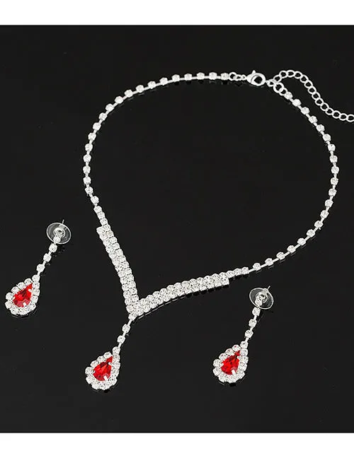 N1635 Silver Rhinestone Red Gemstone Necklace with FREE Earrings 02 Necklaces