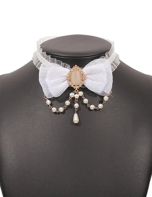 N1677 Gold White Moonstone Bow Pearls Choker Necklace with FREE EARRINGS 02 Necklaces N1677 Gold White Moonstone Bow Pearls Choker Necklace with FREE EARRINGS 02 Necklaces