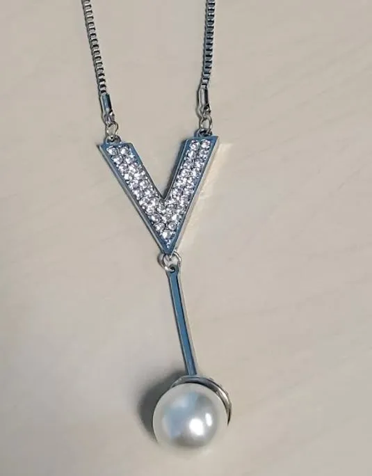 N1835 Silver Rhinestone V Design Pearl Dangle Necklace with FREE Earrings polly Necklaces N1835 Silver Rhinestone V Design Pearl Dangle Necklace with FREE Earrings polly Necklaces