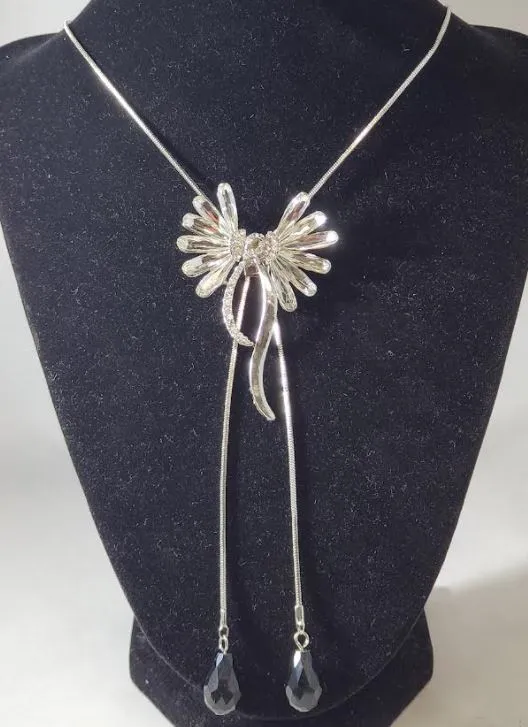 N2068 Silver Gemstone Black Dangle Adjustable Sweater Necklace with FREE Earrings polly Necklaces N2068 Silver Gemstone Black Dangle Adjustable Sweater Necklace with FREE Earrings polly Necklaces