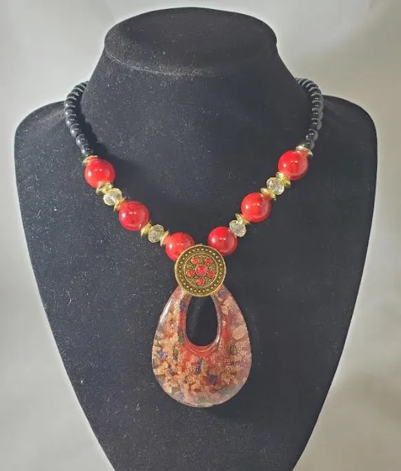 N2090 Black Bead Red Open Teardrop Glass Pendant Long Necklace With Free Earrings polly Necklaces N2090 Black Bead Red Open Teardrop Glass Pendant Long Necklace With Free Earrings polly Necklaces