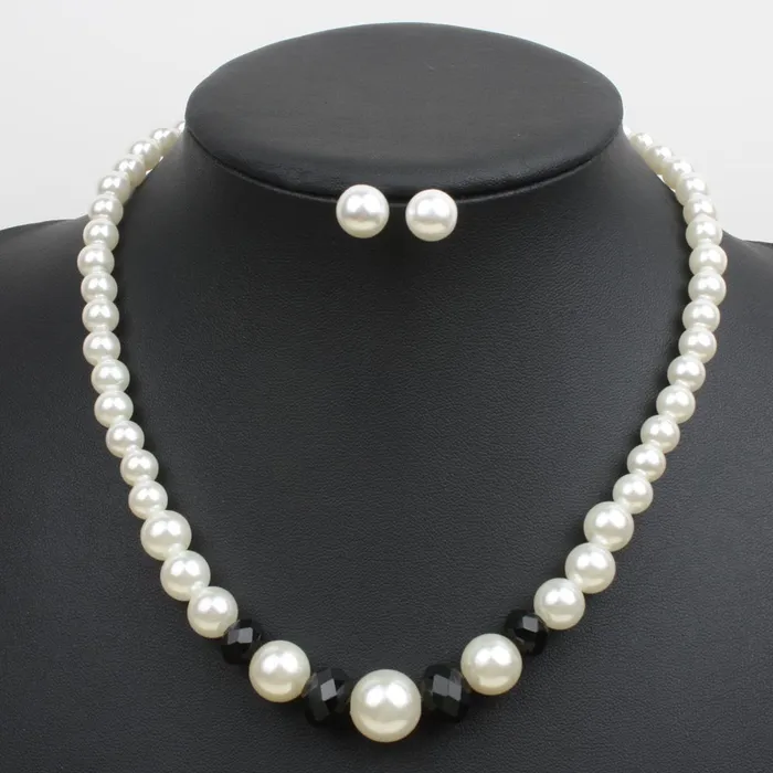 N248 White Pearls with Black Beads Necklace With FREE Earrings 02 Necklaces