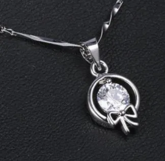 N705 Silver Dainty Bow Rhinestone Necklace with FREE Earrings POLLY Necklaces