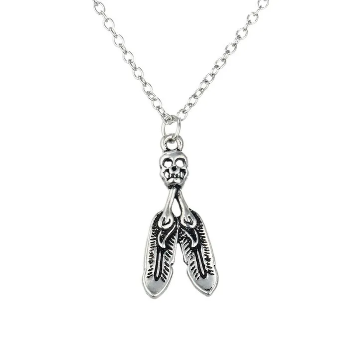 N741 Silver Skull with Feathers Necklace with FREE Earrings 01 Necklaces