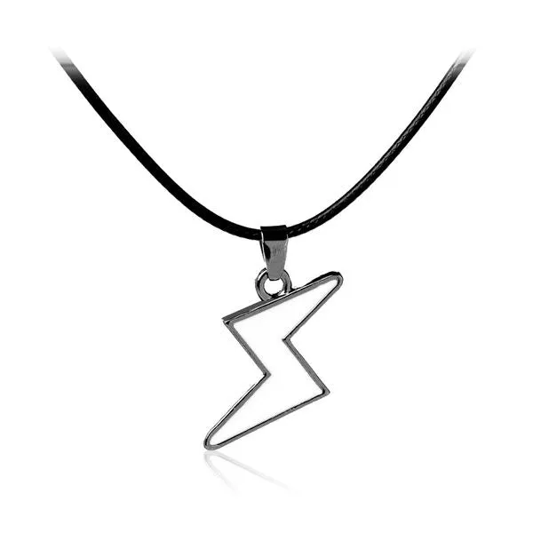 N885 Gun Metal White Lightning Bolt on Leather Cord Necklace 01 Necklaces