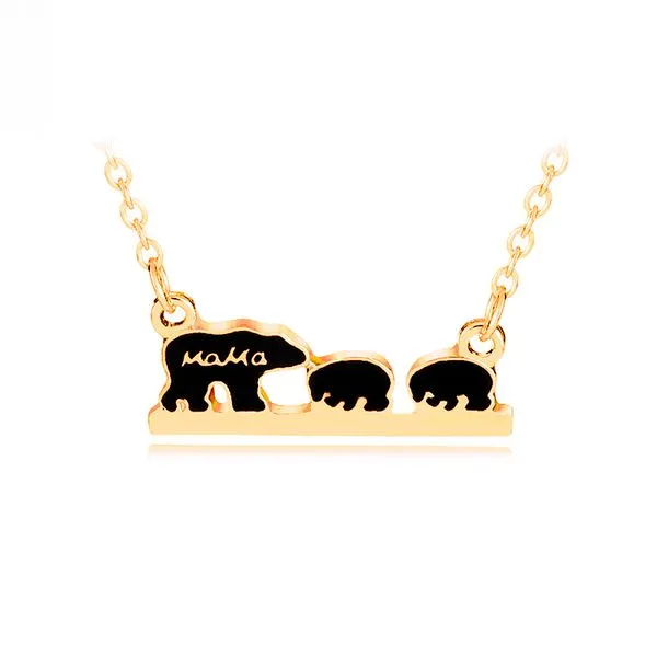 Necklaces 01 N1927 Gold Mama Bear 2 Cubs Necklace With Free Earrings