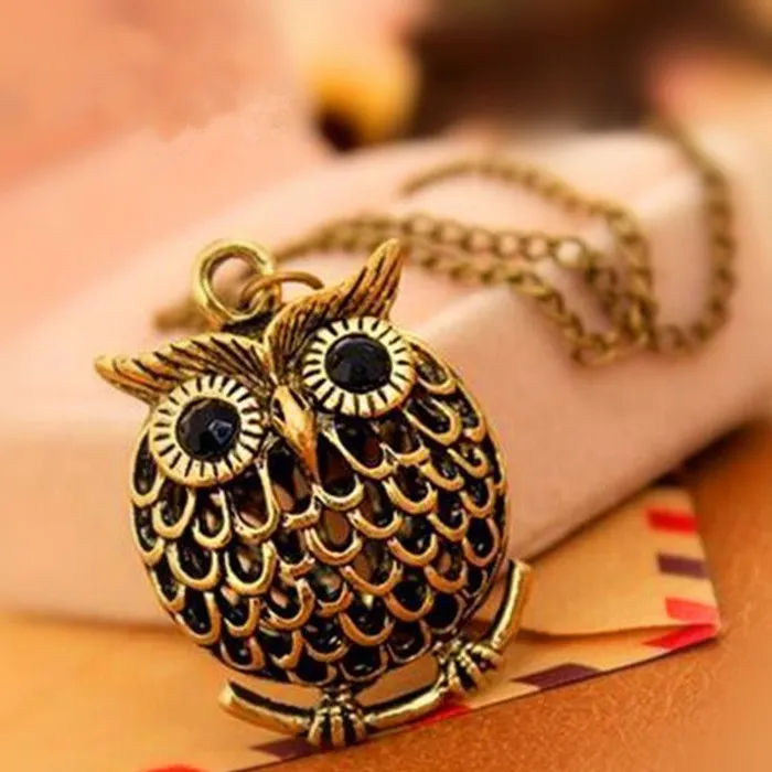 Necklaces 01 N216 Gold Black Gem Eyes Owl Necklace with FREE Earrings