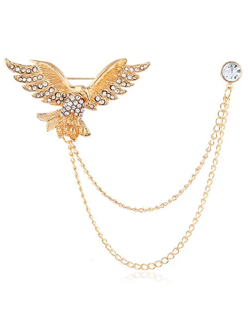 Necklaces 02 F131 Gold Rhinestone Eagle with Chain Fashion Pin