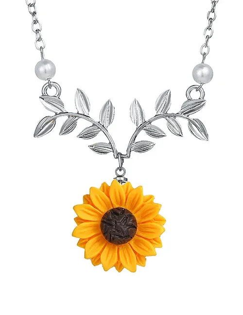 Necklaces 02 N1033 Silver Sunflower Leaf Pearls Necklace with Free Earrings