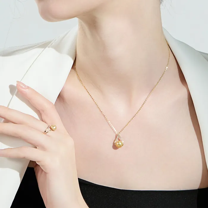 Necklaces 18K Solid Gold South Sea Golden Pearl Necklace KN00191 Pearly Lustre