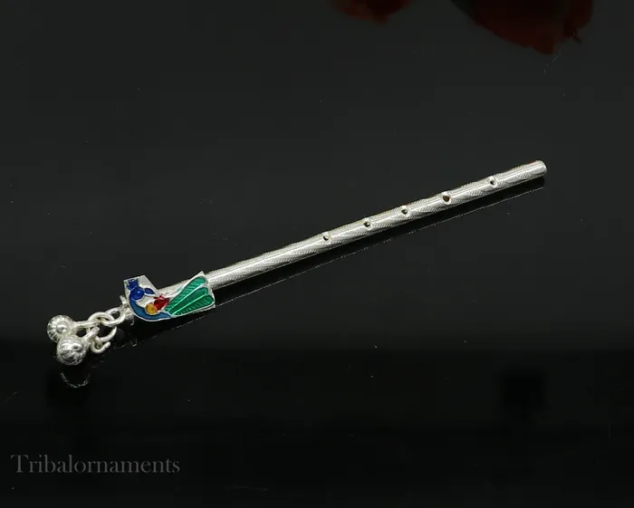 Necklaces 9cm long sterling silver handmade Peacock design Krishna flute silver Bansuri Baby Gopala flute little krishna flute puja art su581 TRIBAL ORNAMENTS