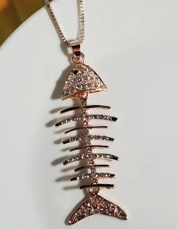Necklaces AZ838 Rose Gold Rhinestone Fish Bone Necklace With FREE Earrings Polly Necklaces AZ838 Rose Gold Rhinestone Fish Bone Necklace With FREE Earrings Polly