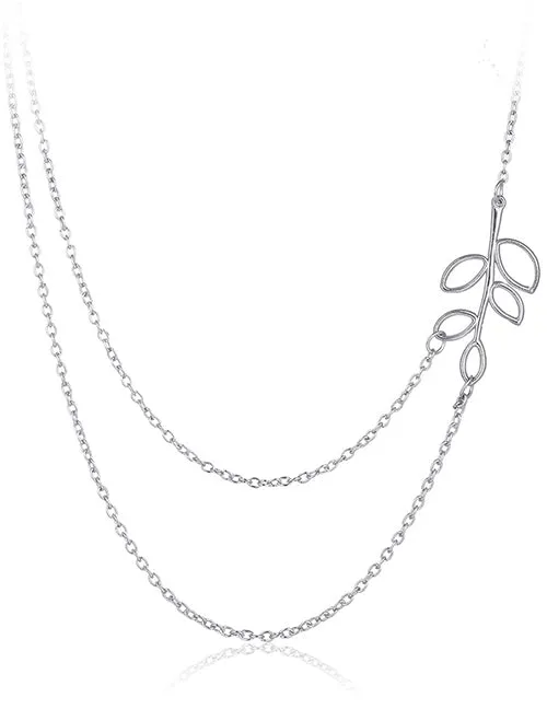 Necklaces N1370 Silver Leaf Multi Chain Necklace with FREE Earrings 02
