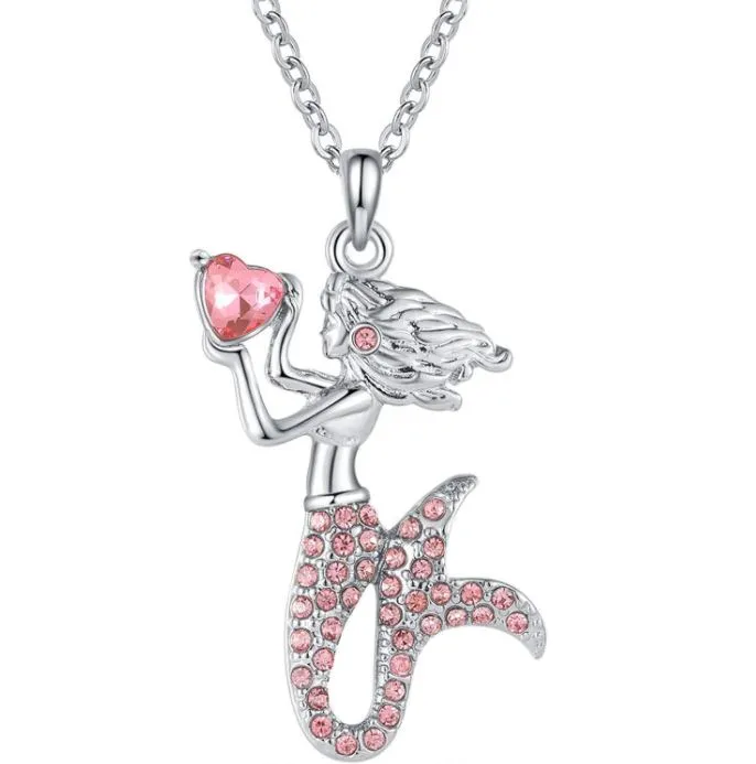 Necklaces N543 Silver Light Pink Rhinestone Mermaid Necklace with Free Earrings POLLY