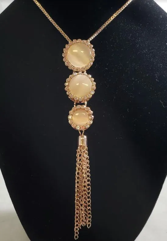 Necklaces polly AZ242 Rose Gold Triple Moonstone Rhinestone Tassel Necklace with FREE EARRINGS Necklaces polly AZ242 Rose Gold Triple Moonstone Rhinestone Tassel Necklace with FREE EARRINGS