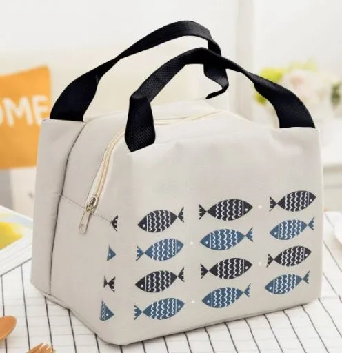 Necklaces Polly G54 Gray Fish Design Insulated Lunch Tote with Zipper Closure