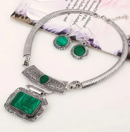 Necklaces polly N287 Silver with Green Stone Statement Necklace with FREE Earrings Necklaces polly N287 Silver with Green Stone Statement Necklace with FREE Earrings