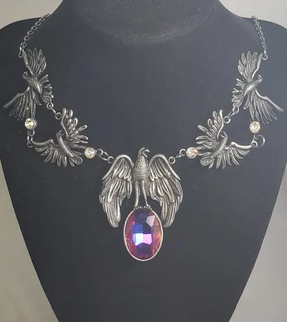 Necklaces polly N774 Silver Raven Crow Multi Color Gemstone Necklace with Free Earrings Necklaces polly N774 Silver Raven Crow Multi Color Gemstone Necklace with Free Earrings