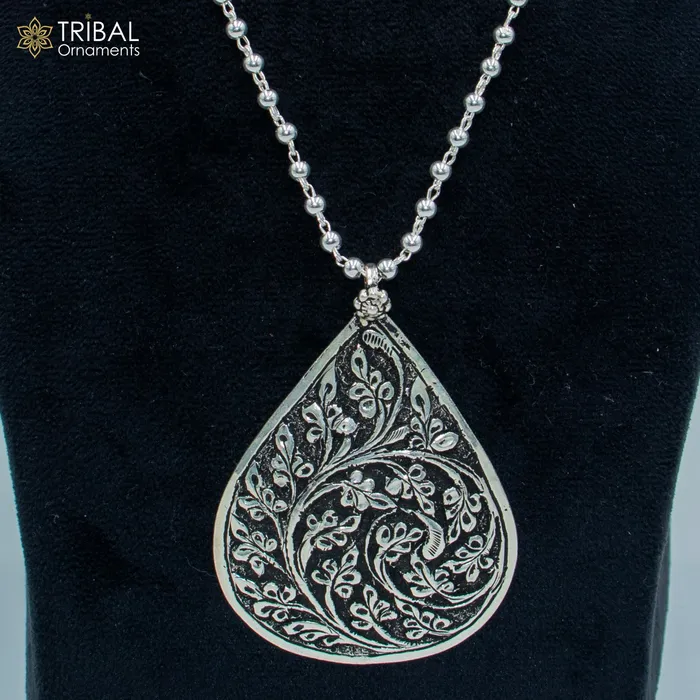 Necklaces TRIBAL ORNAMENTS 30 925 sterling silver handmade beaded chain with chitai design long necklace traditional cultural functional pendant necklace jewelry Set718