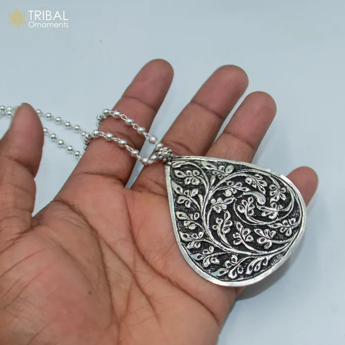 Necklaces TRIBAL ORNAMENTS 30 925 sterling silver handmade beaded chain with chitai design long necklace traditional cultural functional pendant necklace jewelry Set718