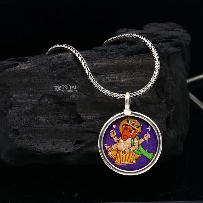 Necklaces TRIBAL ORNAMENTS Exclusive 925 sterling silver handmade idol God Ganesha pendant amazing painting pendant unisex gifting functional kavacham jewelry nsp767