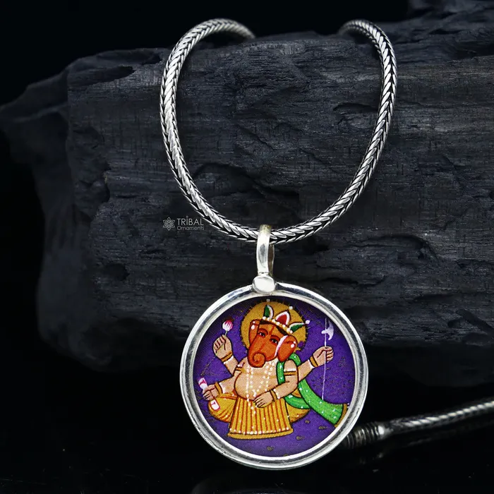Necklaces TRIBAL ORNAMENTS Exclusive 925 sterling silver handmade idol God Ganesha pendant amazing painting pendant unisex gifting functional kavacham jewelry nsp767 Necklaces TRIBAL ORNAMENTS Exclusive 925 sterling silver handmade idol God Ganesha pendant amazing painting pendant unisex gifting functional kavacham jewelry nsp767