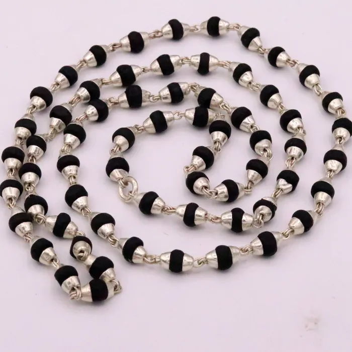 Necklaces TRIBAL ORNAMENTS Handmade Sterling silver black basil rosary wood beads chain necklace for meditation excellent unisex tulsimala from india ch40 Necklaces TRIBAL ORNAMENTS Handmade Sterling silver black basil rosary wood beads chain necklace for meditation excellent unisex tulsimala from india ch40