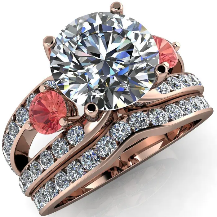 Orion Round Center Stone 2 Round Padparadscha Sapphire Sides Split Shank Diamond Channel Set Ring Fire Brilliance Rings Orion Round Center Stone 2 Round Padparadscha Sapphire Sides Split Shank Diamond Channel Set Ring Fire Brilliance Rings