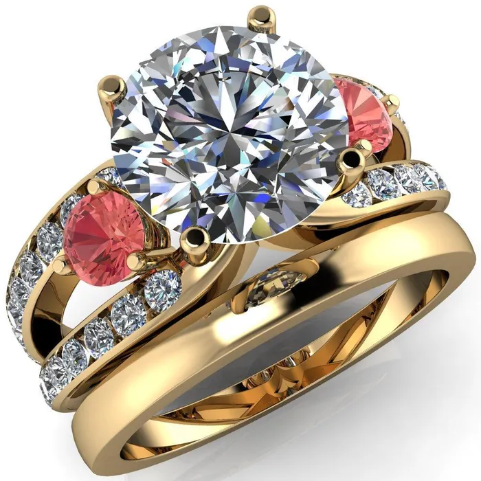 Orion Round Center Stone 2 Round Padparadscha Sapphire Sides Split Shank Diamond Channel Set Ring Fire Brilliance Rings