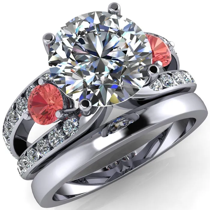 Orion Round Center Stone 2 Round Padparadscha Sapphire Sides Split Shank Diamond Channel Set Ring Fire Brilliance Rings