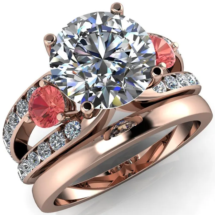 Orion Round Center Stone 2 Round Padparadscha Sapphire Sides Split Shank Diamond Channel Set Ring Fire Brilliance Rings