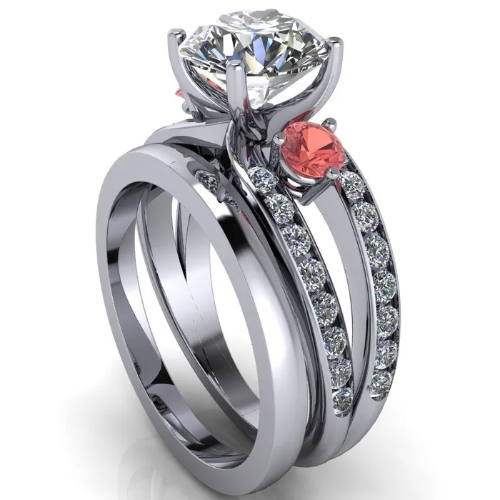 Orion Round Center Stone 2 Round Padparadscha Sapphire Sides Split Shank Diamond Channel Set Ring Fire Brilliance Rings
