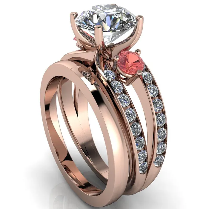 Orion Round Center Stone 2 Round Padparadscha Sapphire Sides Split Shank Diamond Channel Set Ring Fire Brilliance Rings