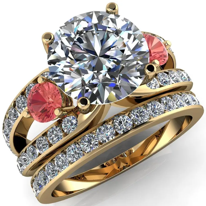 Orion Round Center Stone 2 Round Padparadscha Sapphire Sides Split Shank Diamond Channel Set Ring Fire Brilliance Rings