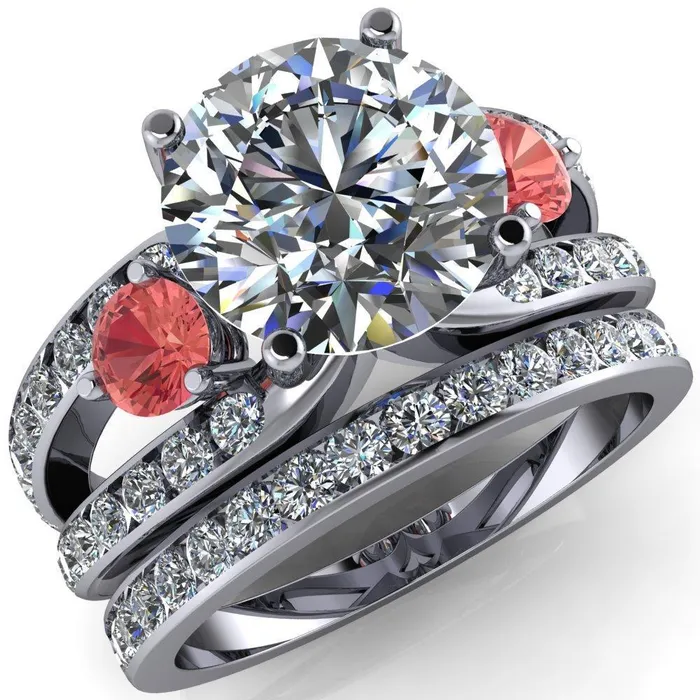 Orion Round Center Stone 2 Round Padparadscha Sapphire Sides Split Shank Diamond Channel Set Ring Fire Brilliance Rings