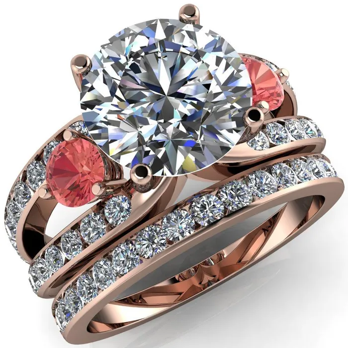 Orion Round Center Stone 2 Round Padparadscha Sapphire Sides Split Shank Diamond Channel Set Ring Fire Brilliance Rings