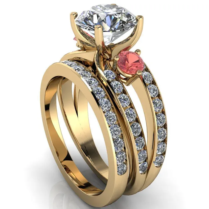 Orion Round Center Stone 2 Round Padparadscha Sapphire Sides Split Shank Diamond Channel Set Ring Fire Brilliance Rings