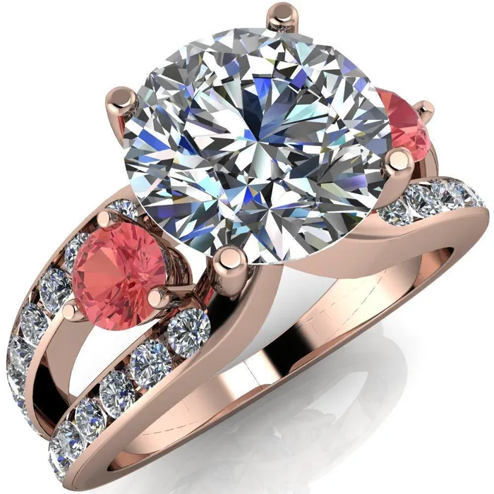 Orion Round Center Stone 2 Round Padparadscha Sapphire Sides Split Shank Diamond Channel Set Ring Fire Brilliance Rings