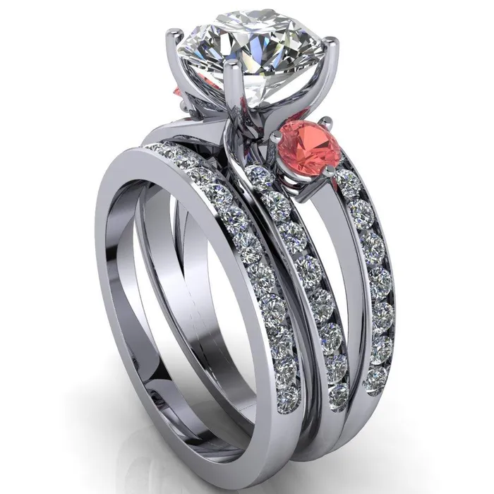 Orion Round Center Stone 2 Round Padparadscha Sapphire Sides Split Shank Diamond Channel Set Ring Fire Brilliance Rings