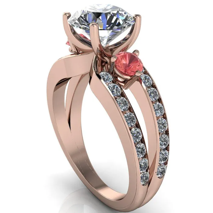 Orion Round Center Stone 2 Round Padparadscha Sapphire Sides Split Shank Diamond Channel Set Ring Fire Brilliance Rings