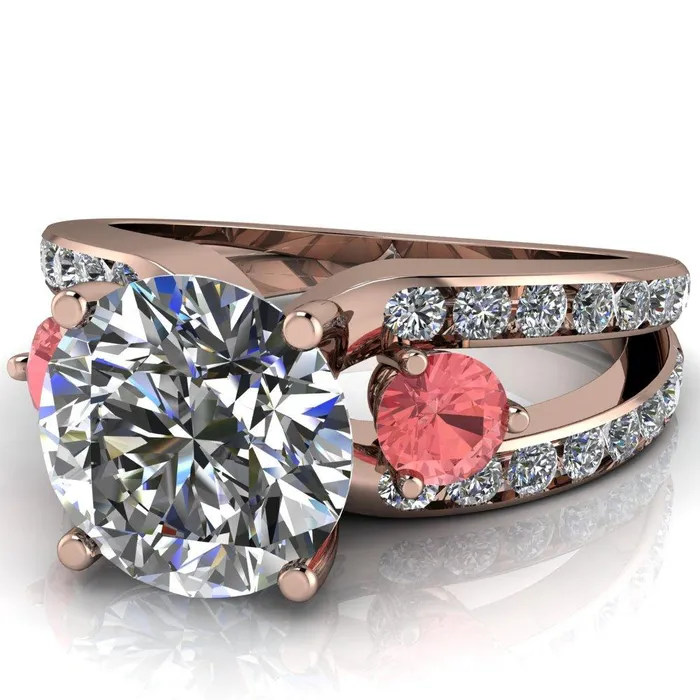 Orion Round Center Stone 2 Round Padparadscha Sapphire Sides Split Shank Diamond Channel Set Ring Fire Brilliance Rings
