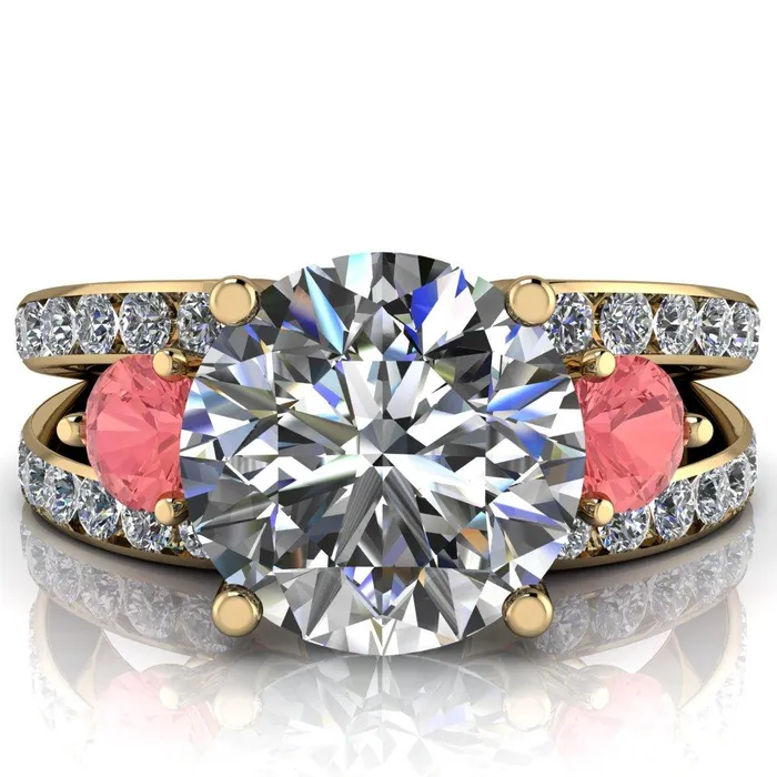 Orion Round Center Stone 2 Round Padparadscha Sapphire Sides Split Shank Diamond Channel Set Ring Fire Brilliance Rings