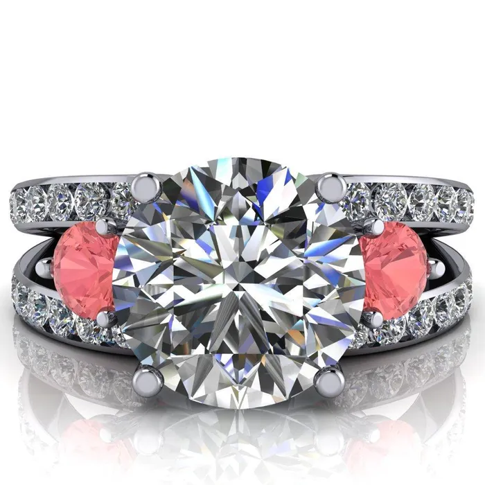 Orion Round Center Stone 2 Round Padparadscha Sapphire Sides Split Shank Diamond Channel Set Ring Fire Brilliance Rings