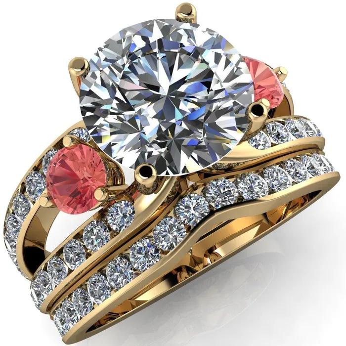 Orion Round Center Stone 2 Round Padparadscha Sapphire Sides Split Shank Diamond Channel Set Ring Fire Brilliance Rings