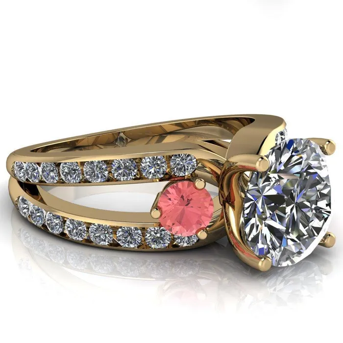Orion Round Center Stone 2 Round Padparadscha Sapphire Sides Split Shank Diamond Channel Set Ring Fire Brilliance Rings