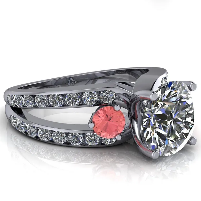 Orion Round Center Stone 2 Round Padparadscha Sapphire Sides Split Shank Diamond Channel Set Ring Fire Brilliance Rings
