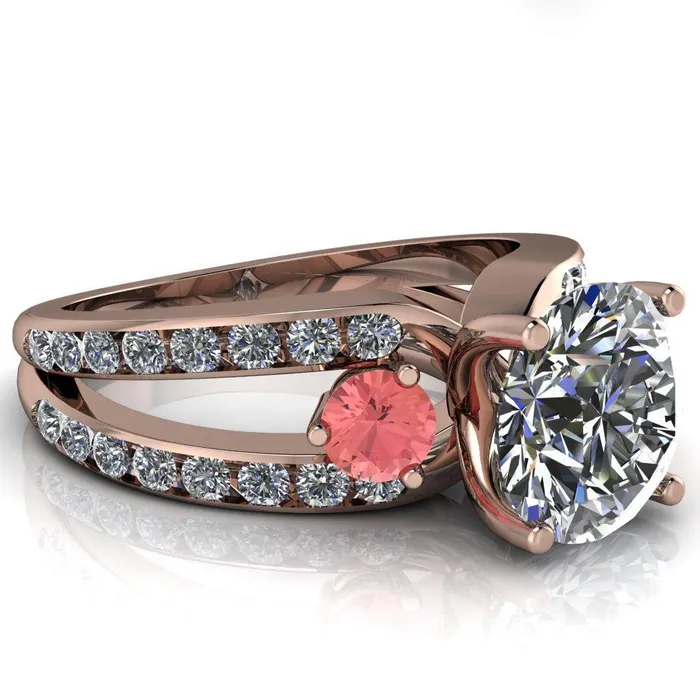 Orion Round Center Stone 2 Round Padparadscha Sapphire Sides Split Shank Diamond Channel Set Ring Fire Brilliance Rings