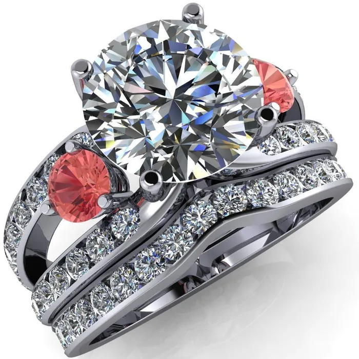 Orion Round Center Stone 2 Round Padparadscha Sapphire Sides Split Shank Diamond Channel Set Ring Fire Brilliance Rings