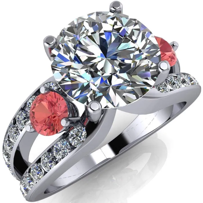 Orion Round Center Stone 2 Round Padparadscha Sapphire Sides Split Shank Diamond Channel Set Ring Fire Brilliance Rings