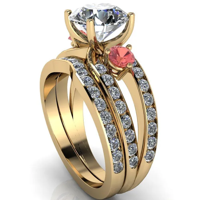 Orion Round Center Stone 2 Round Padparadscha Sapphire Sides Split Shank Diamond Channel Set Ring Fire Brilliance Rings
